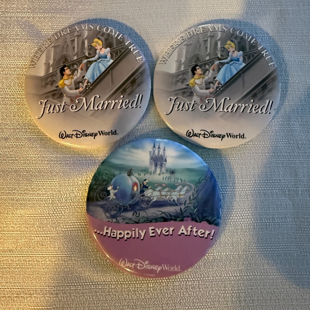 Disney Just Married and Happily Ever After Buttons - Gray, Purple, Blue